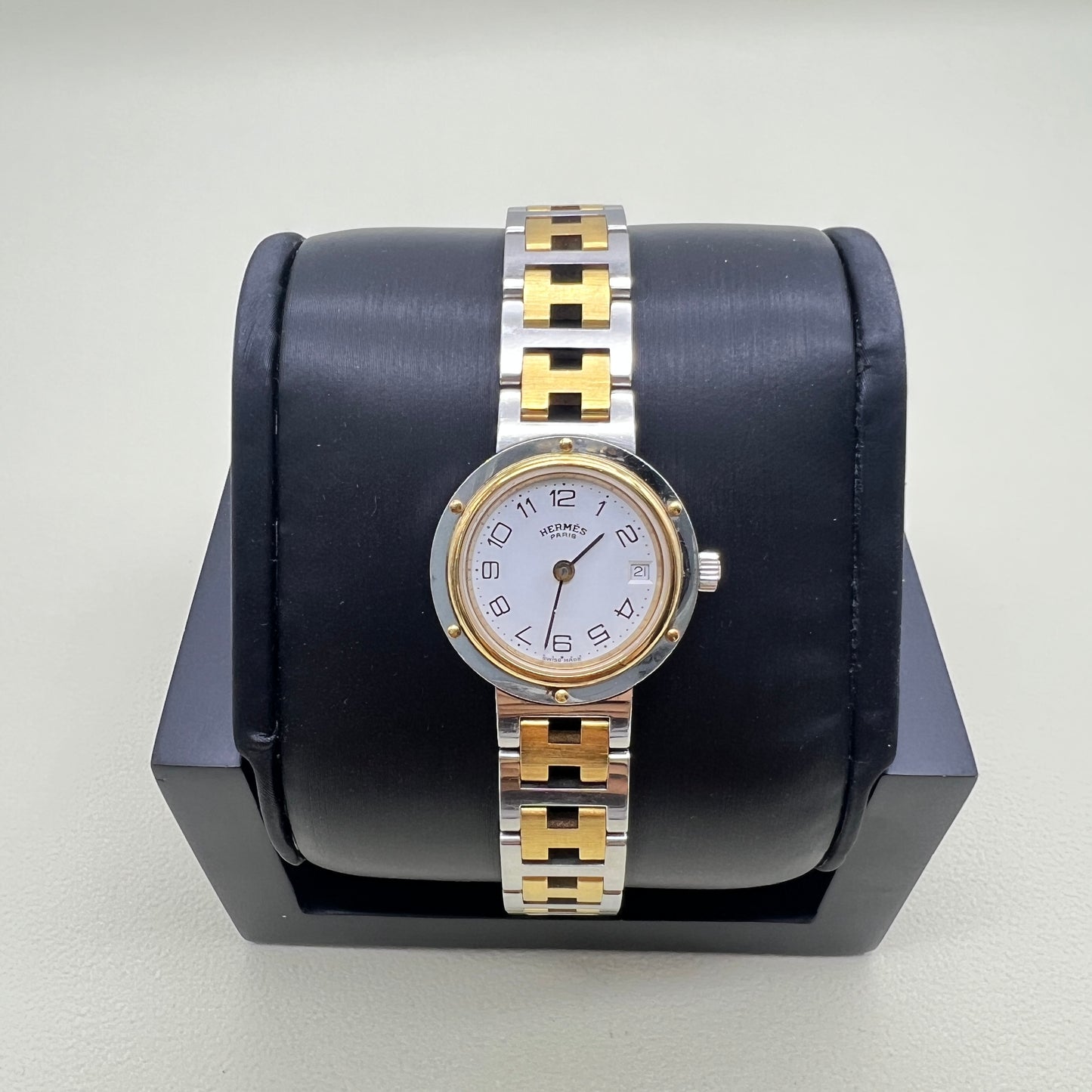 Hermes Vintage Clipper Ladies Watch White Face With Date and H Bracelet