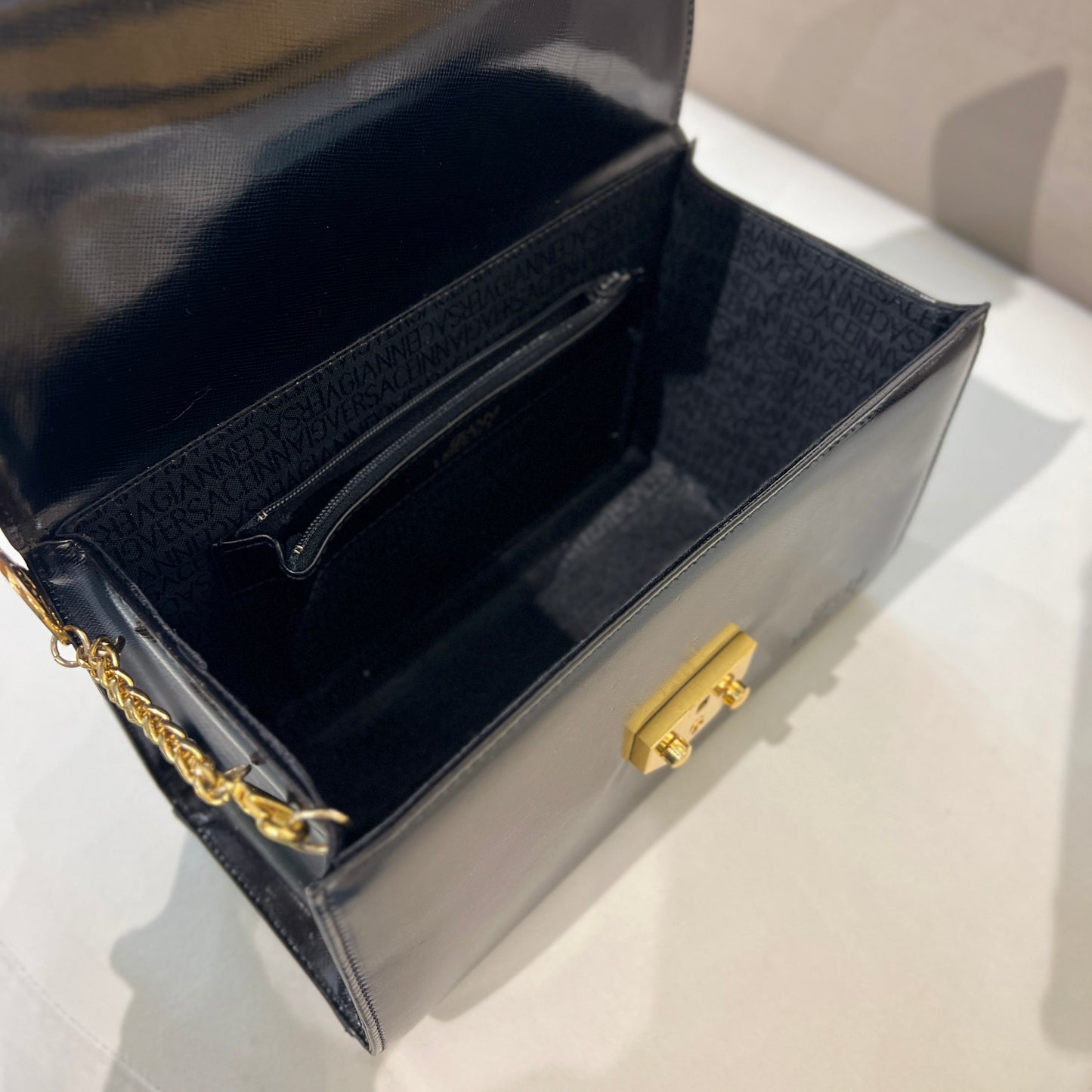 Versace Vintage Golden Sun Black Leather Top Handle Vanity Bag
