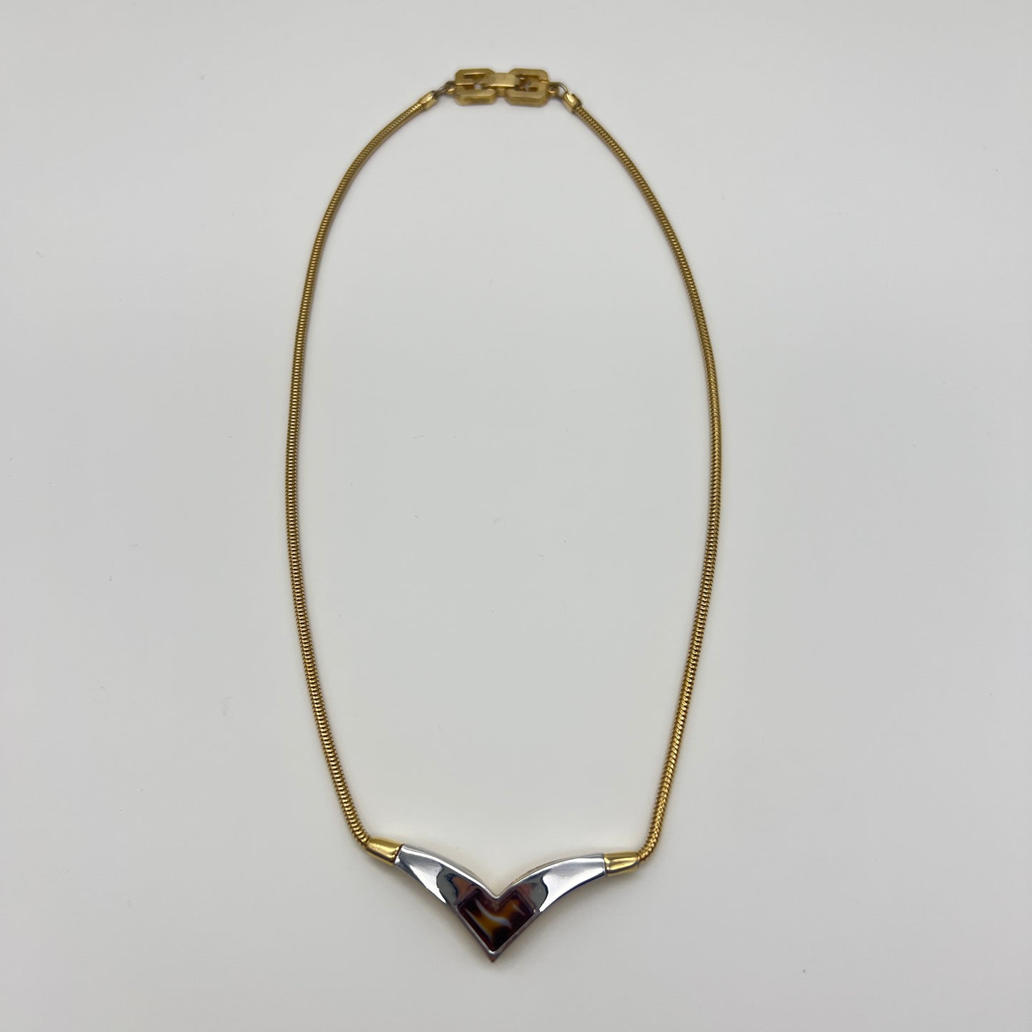 Givenchy Vintage Brown Stone On V Shape Pendant Golden Necklace