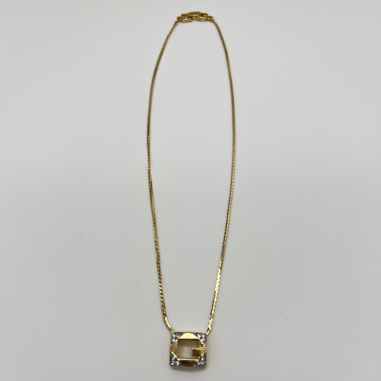 Givenchy Vintage G Logo In Square Shape With Rhinestone Golden Necklace