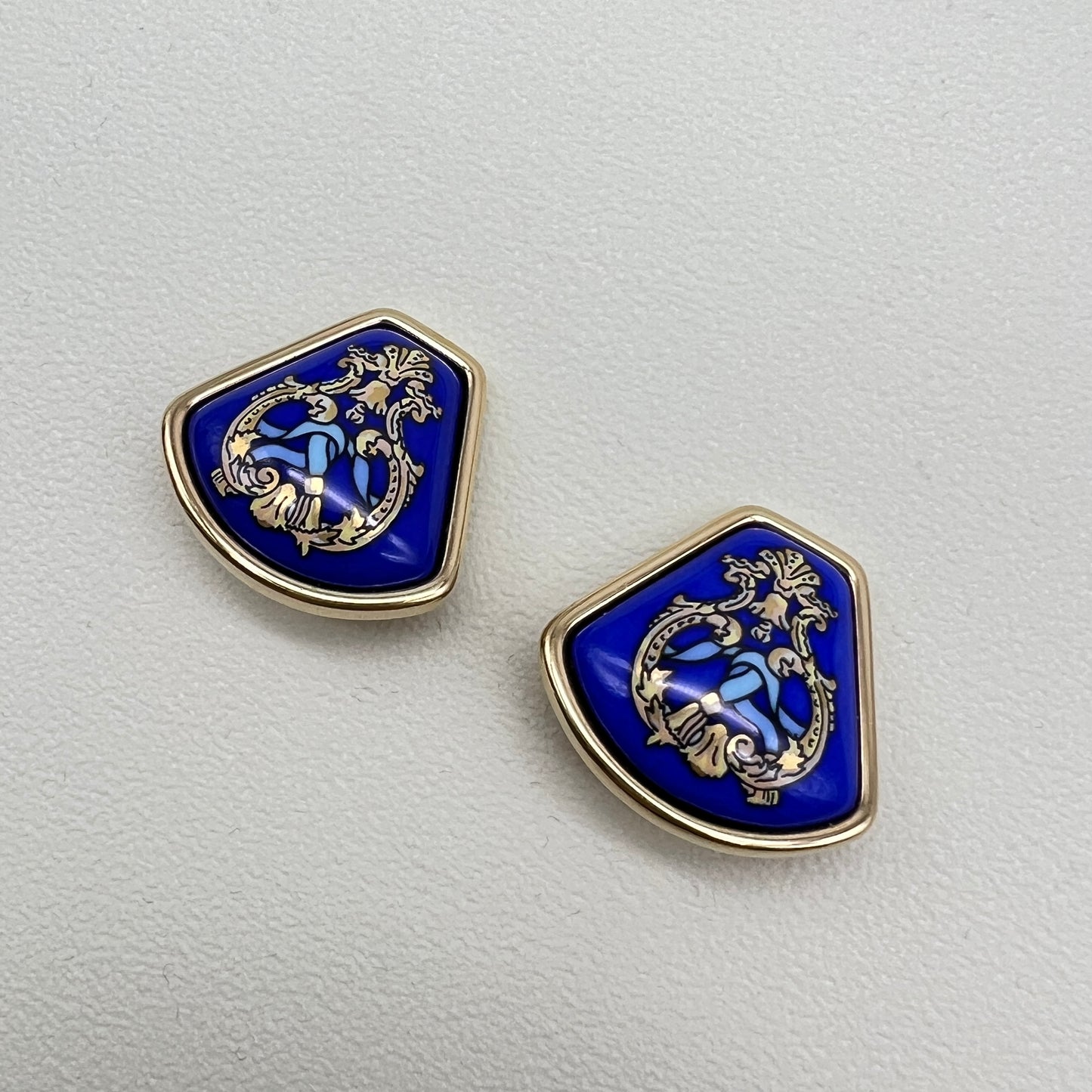 Hermes Vintage Blue Enamelled Golden Clip-on Earrings