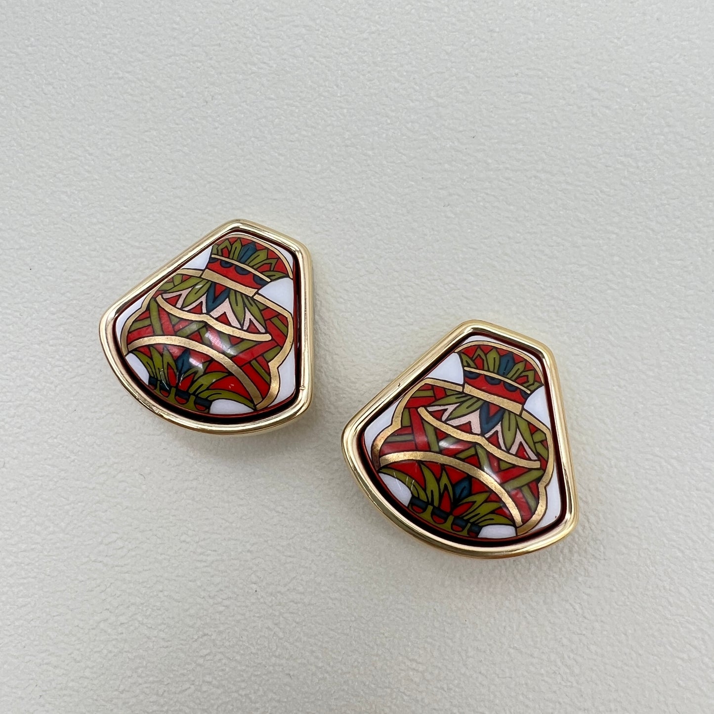 Hermes Vintage Multi Color Enamelled Golden Clip-on Earrings