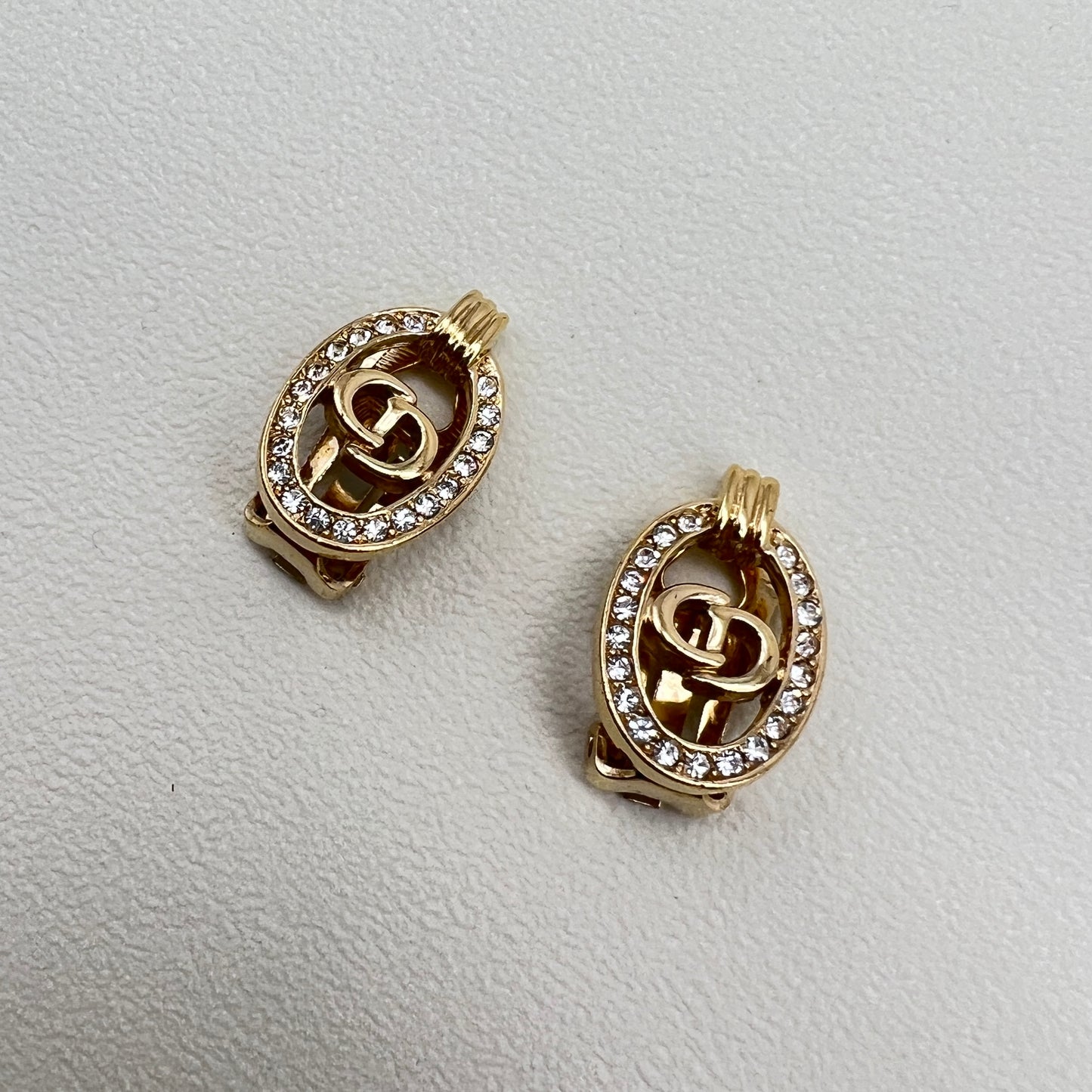 Christian Dior Vintage CD Logo In Oval Shape with Rhinestone Golden Clip-on Earrings