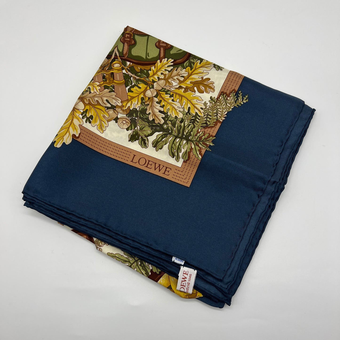 Loewe Vintage Navy And Flower Pattern Silk Scarf