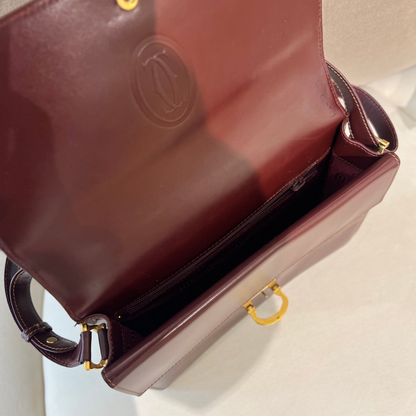 Cartier Vintage Golden Buckle Burgundy Red Leather Shoulder Bag