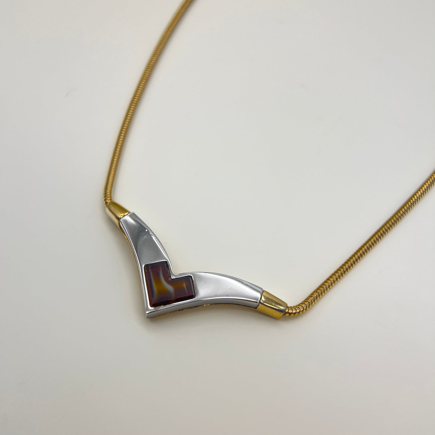 Givenchy Vintage Brown Stone On V Shape Pendant Golden Necklace