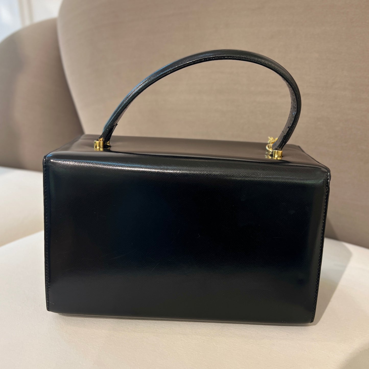Versace Vintage Golden Sun Black Leather Top Handle Vanity Bag
