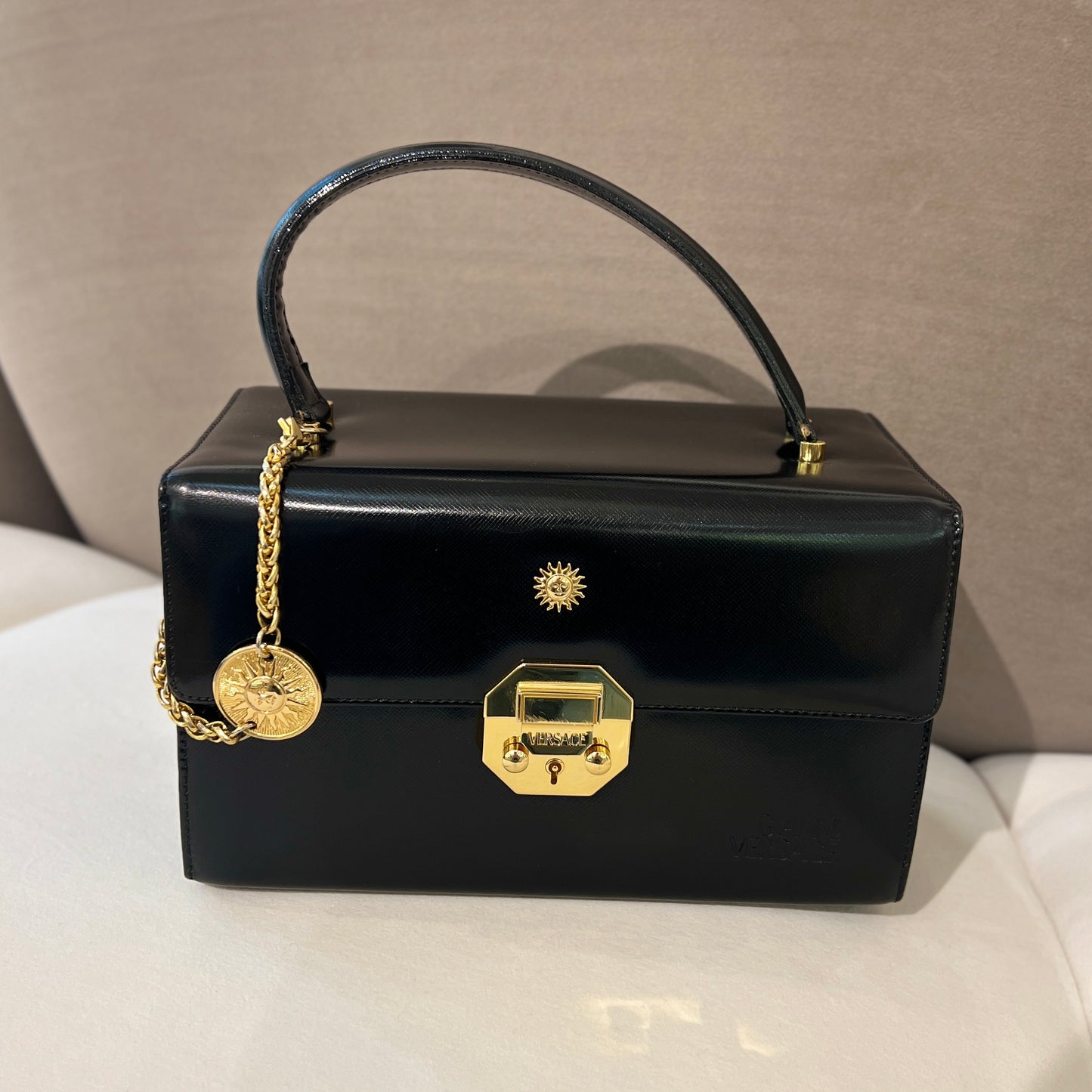 Versace Vintage Golden Sun Black Leather Top Handle Vanity Bag