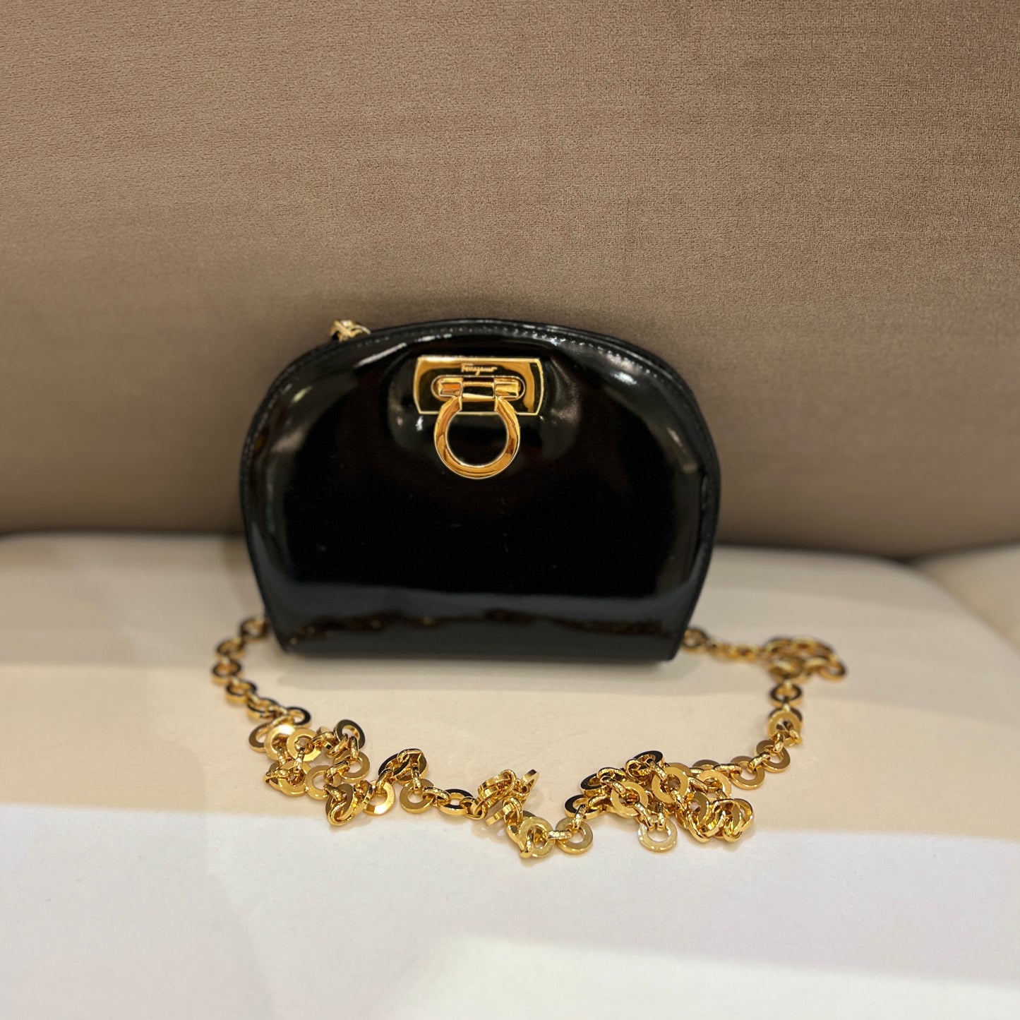 Ferragamo Vintage Golden Gancini Mini Shoulder Bag With Golden Chain
