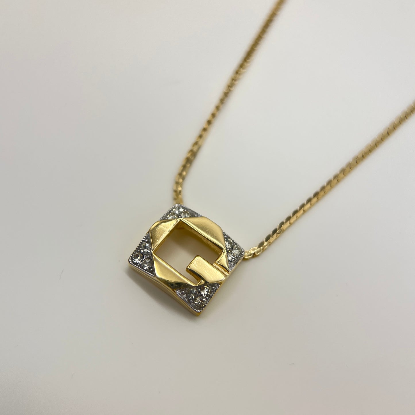 Givenchy Vintage G Logo In Square Shape With Rhinestone Golden Necklace