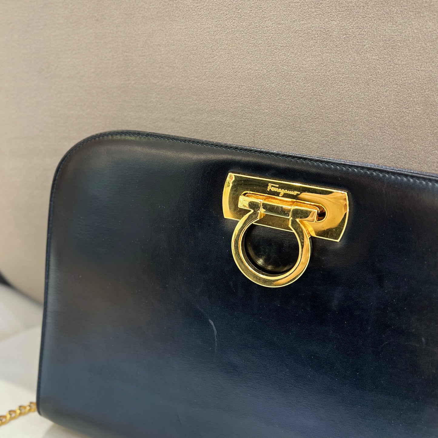 Ferragamo Vintage Golden Gancini Buckle with Golden Chain Shoulder Bag