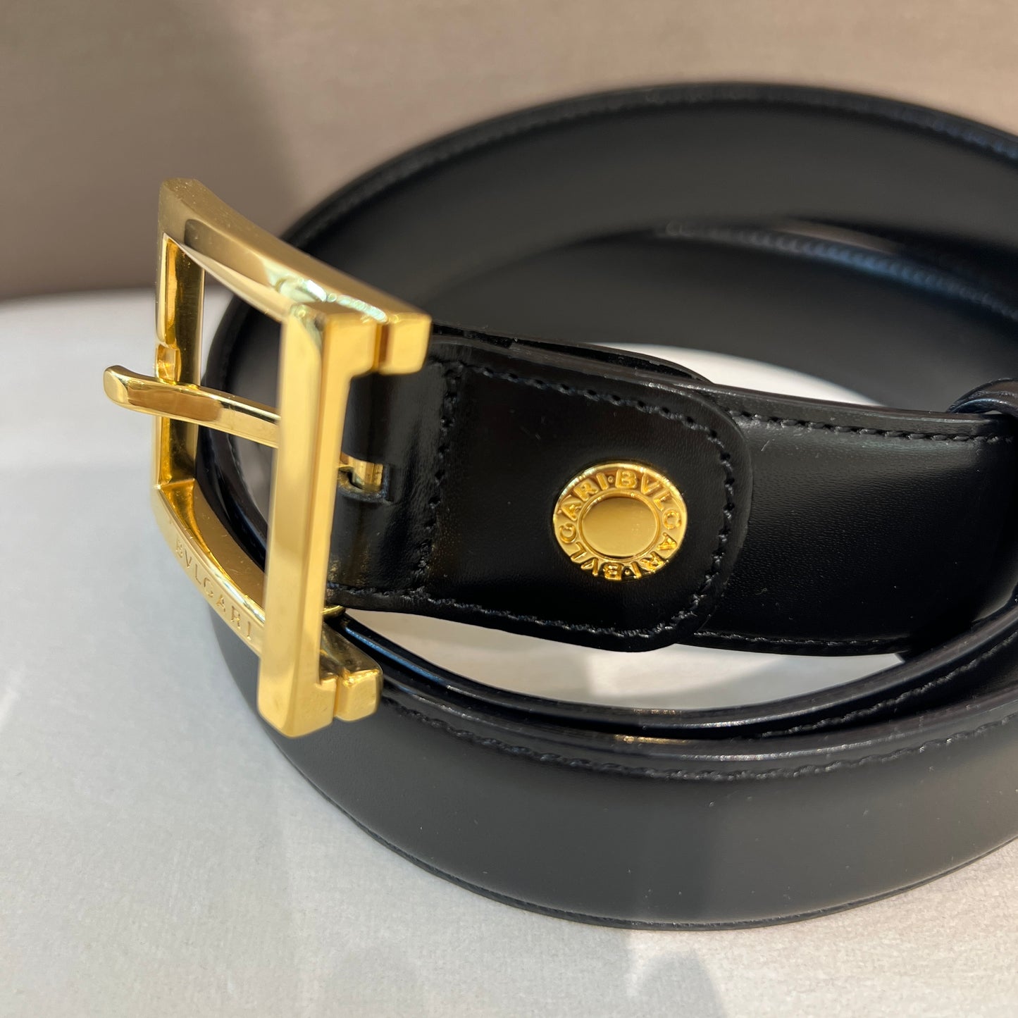 Bvlgari Vintage Golden Think Square Buckle With 30Mm Black Leather Belt