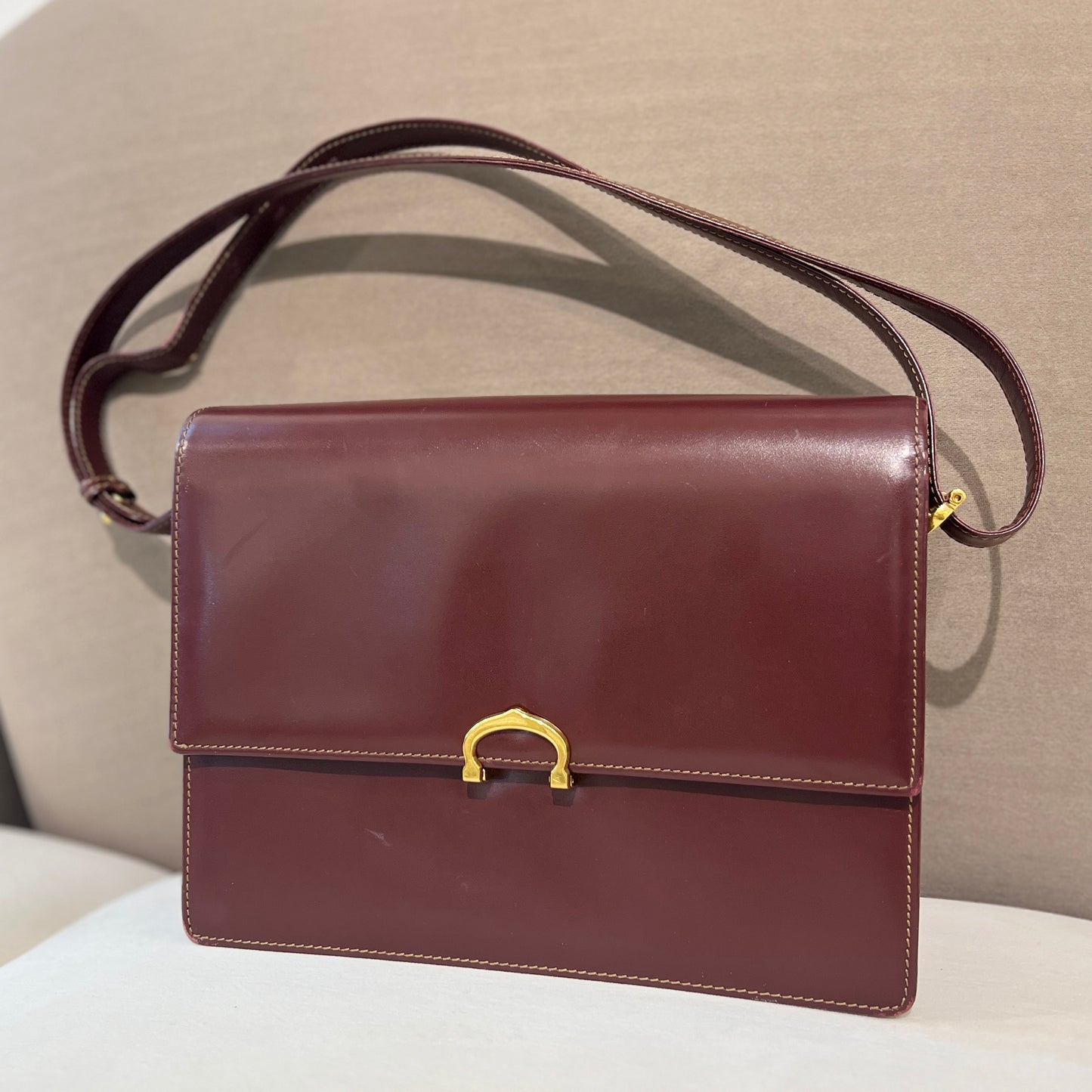 Cartier Vintage Golden Buckle Burgundy Red Leather Shoulder Bag