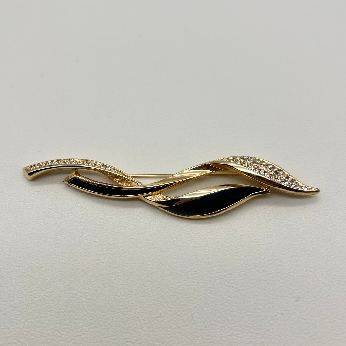 Christian Dior Vintage Leaf Motif Black and Rhinestone Golden Brooch