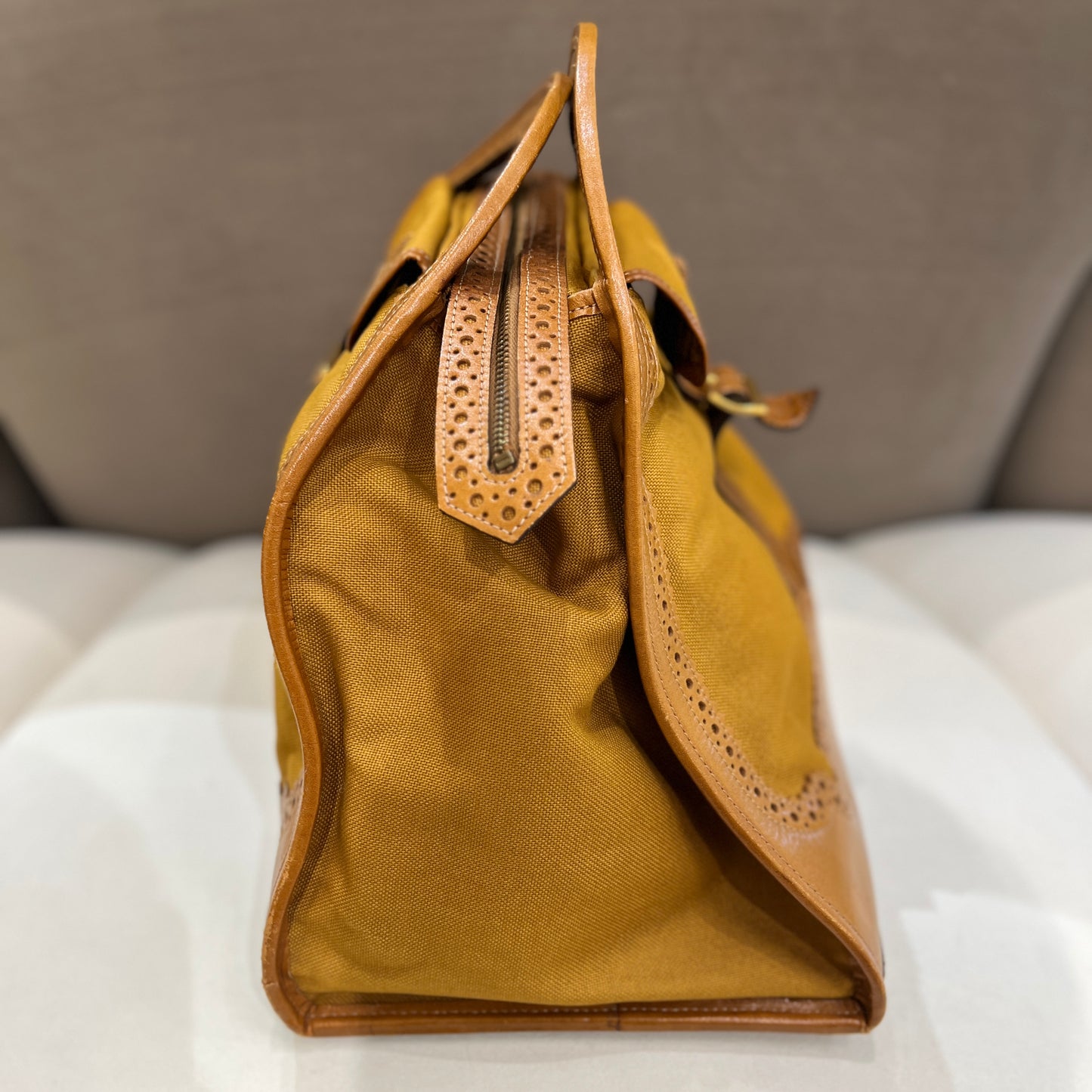 Yves Saint Laurent 復古棕色皮革帆布手提包