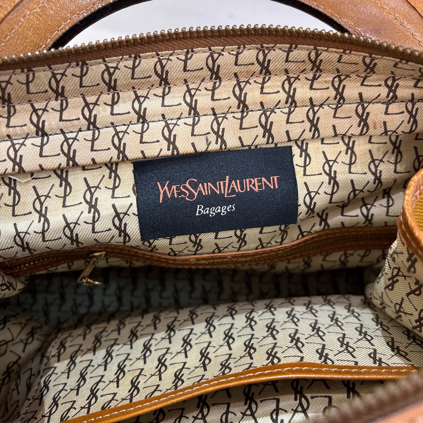Yves Saint Laurent 復古棕色皮革帆布手提包