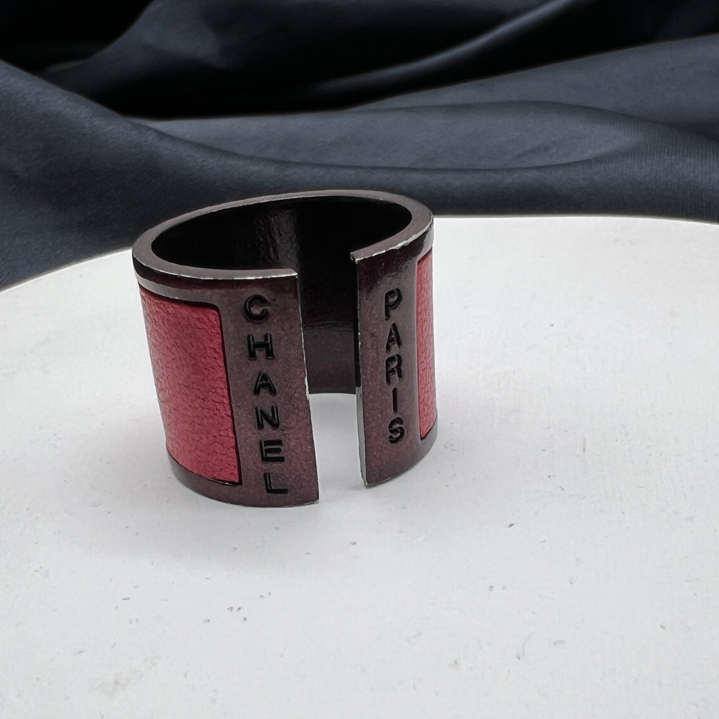 Chanel Vintage Rose Red Leather with Dark Brown Metal Open Ring #12