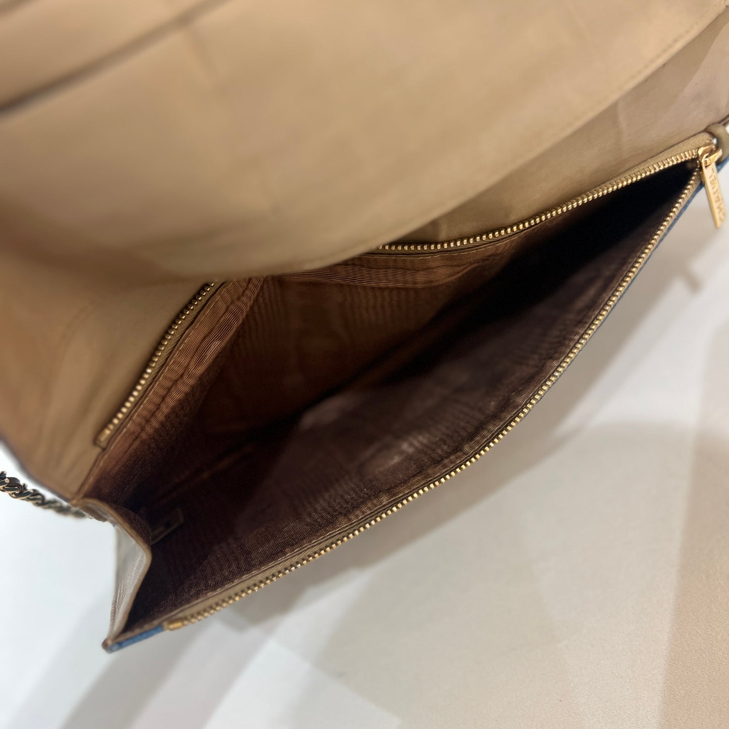 Chanel Vintage Golden Buckle Blue Denim Chocolate Bar Wallet on Chain