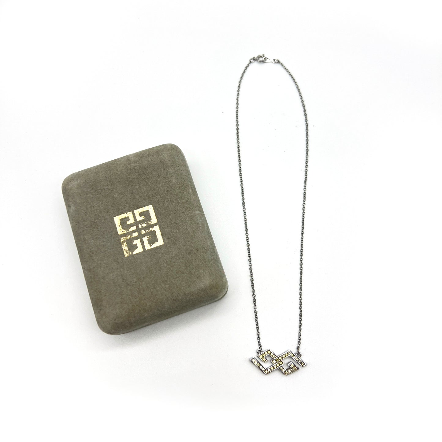 Givenchy Vintage Double G Logo With Rhinestone Silver Necklace