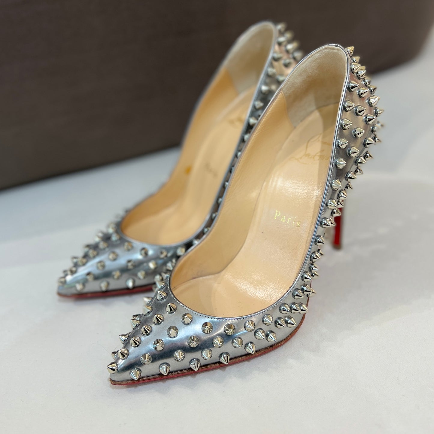 Christian Louboutin Patent Leather Pumps With With Signature Tonal Spikes (Size 36)