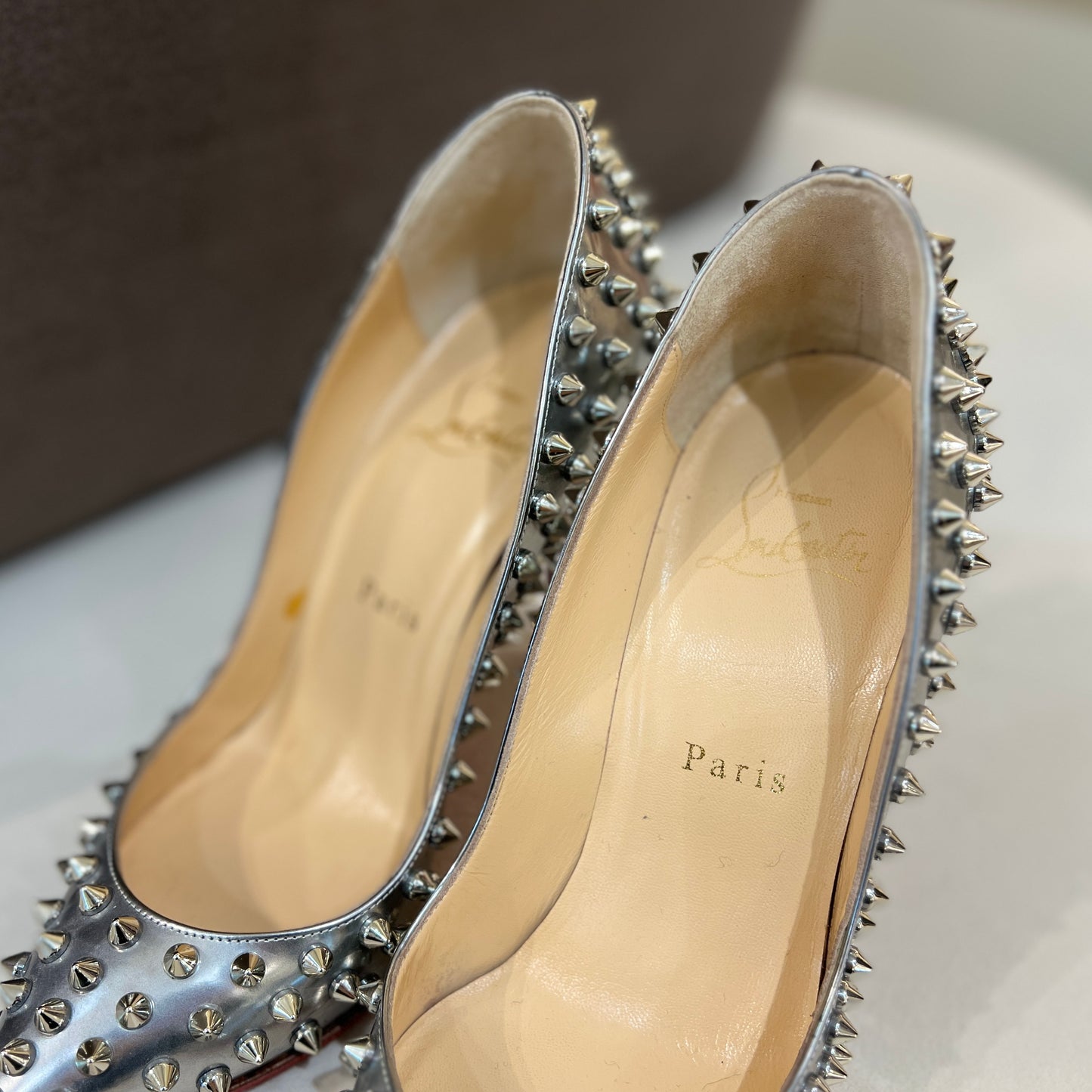 Christian Louboutin Patent Leather Pumps With With Signature Tonal Spikes (Size 36)