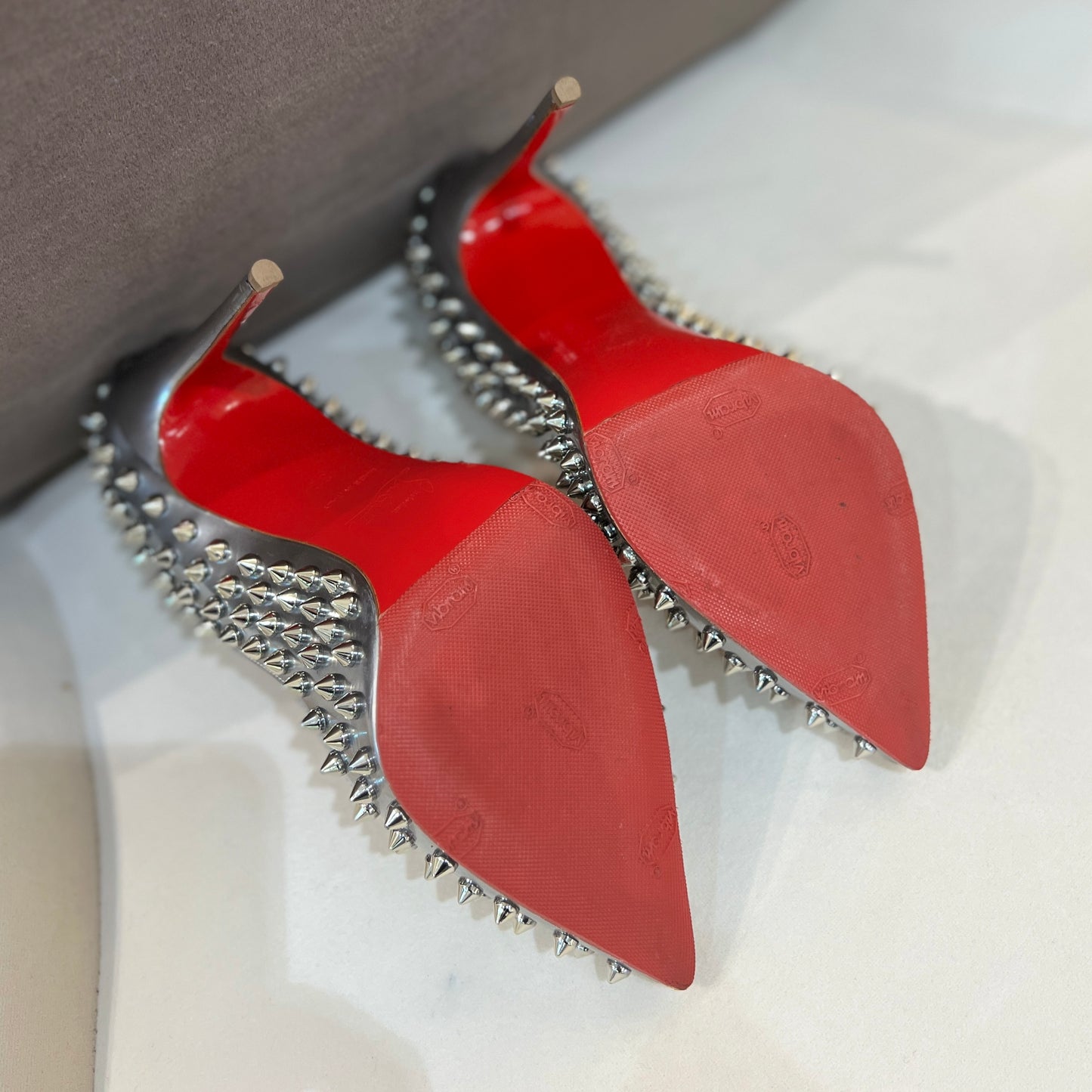Christian Louboutin Patent Leather Pumps With With Signature Tonal Spikes (Size 36)