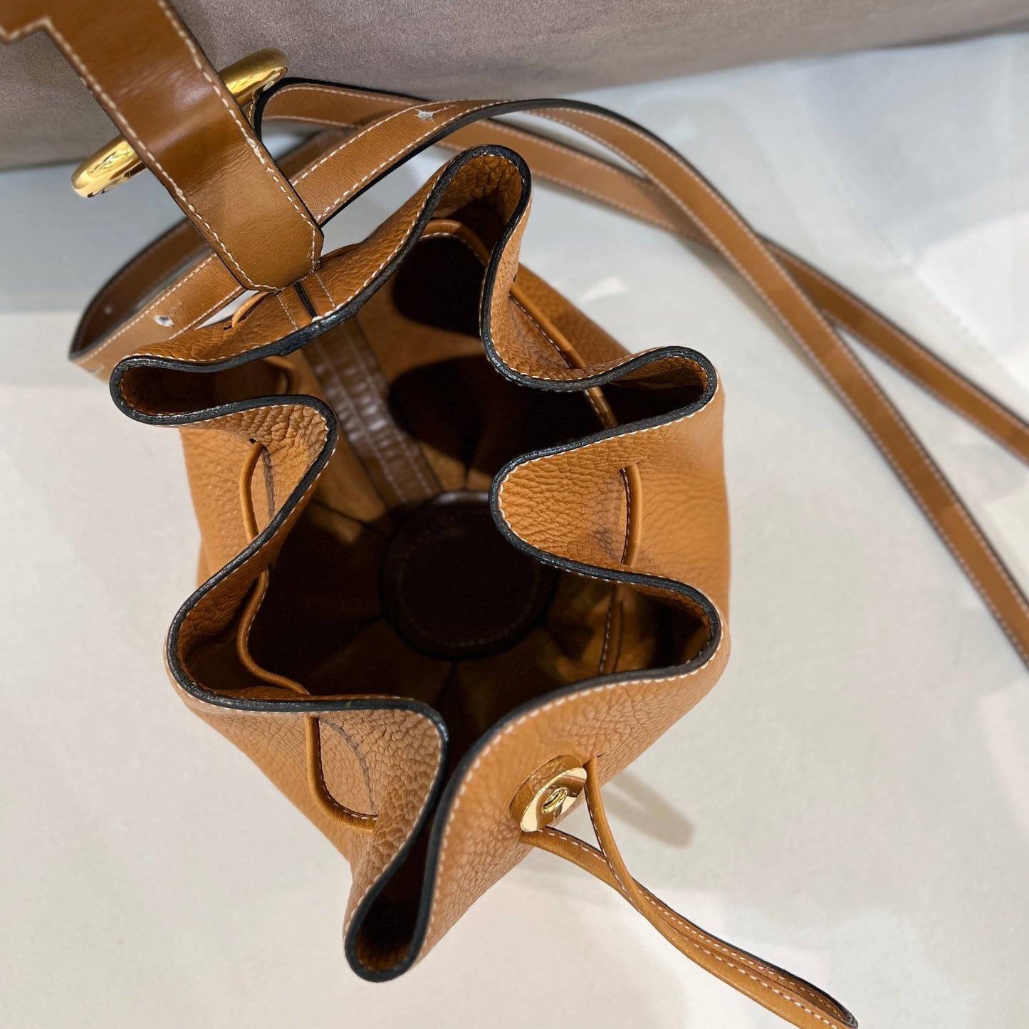 Delvaux D Logo Leather Drawstring Shoulder Bag With Mirror