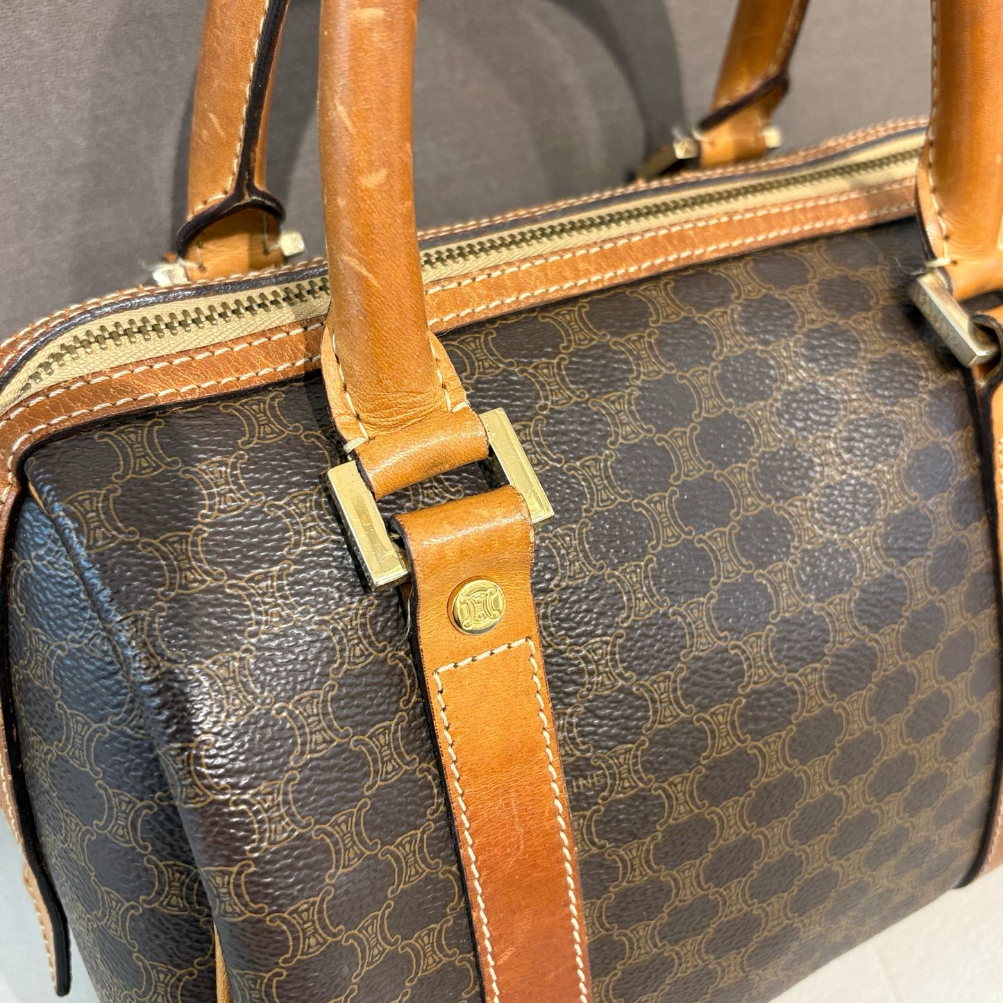 Celine Vintage 棕色 Macadam 帆布迷你波士頓包