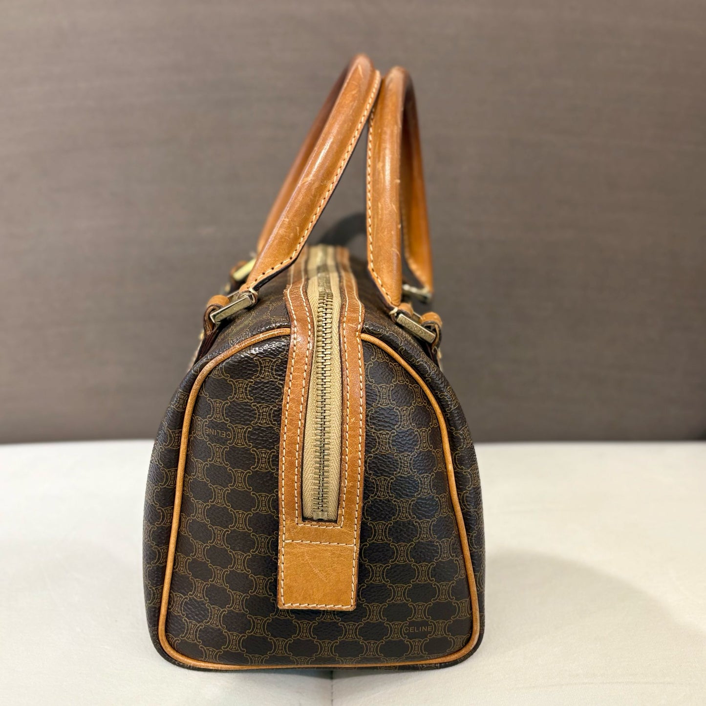 Celine Vintage 棕色 Macadam 帆布迷你波士頓包