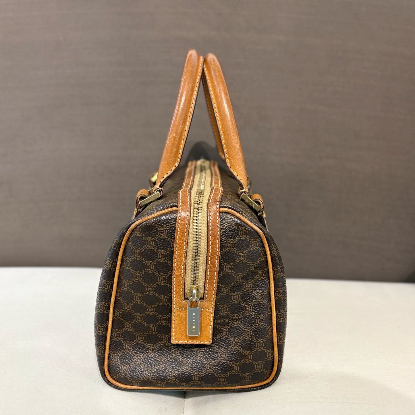 Celine Vintage 棕色 Macadam 帆布迷你波士頓包