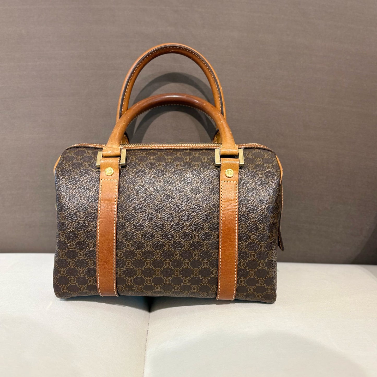 Celine Vintage 棕色 Macadam 帆布迷你波士頓包