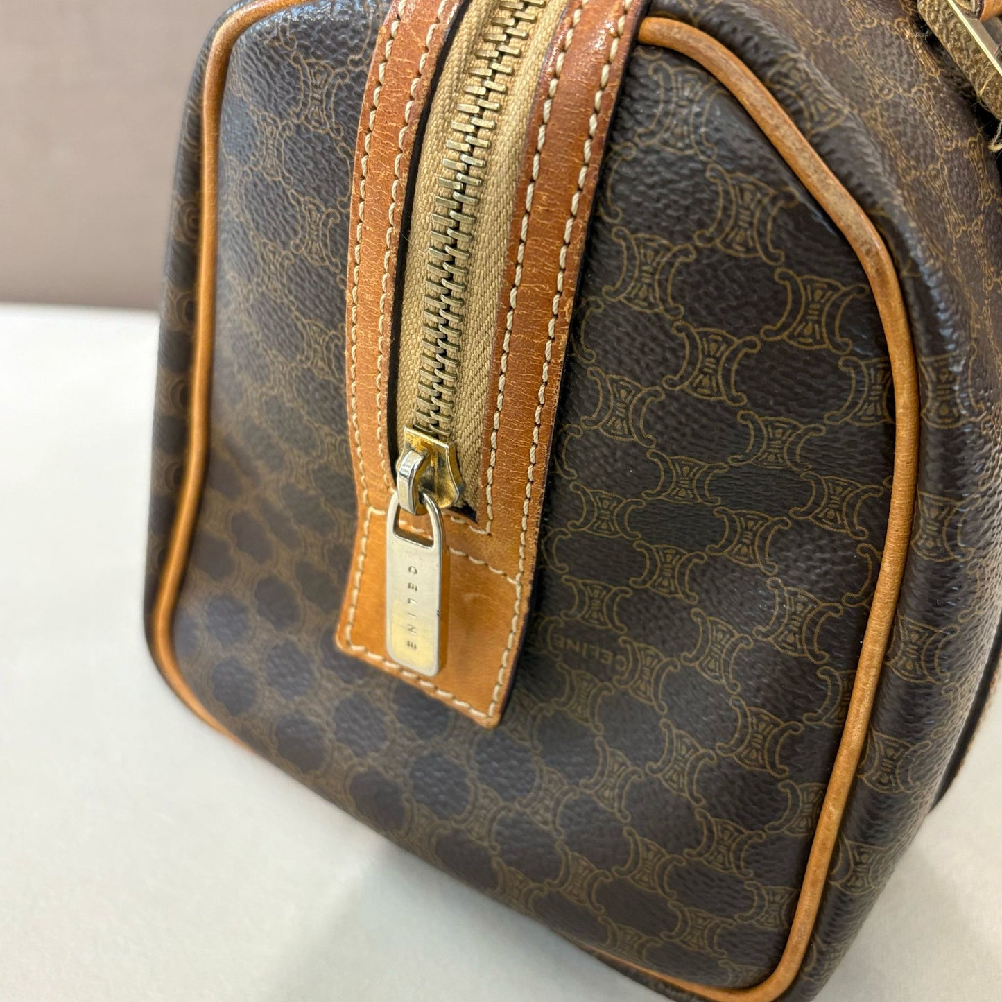 Celine Vintage 棕色 Macadam 帆布迷你波士頓包