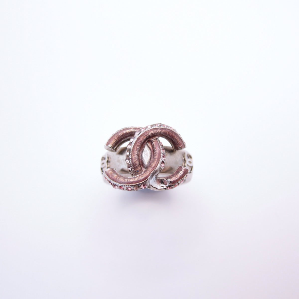 Chanel Vintage CC Logo Pink Rhinestone Silver Ring #12