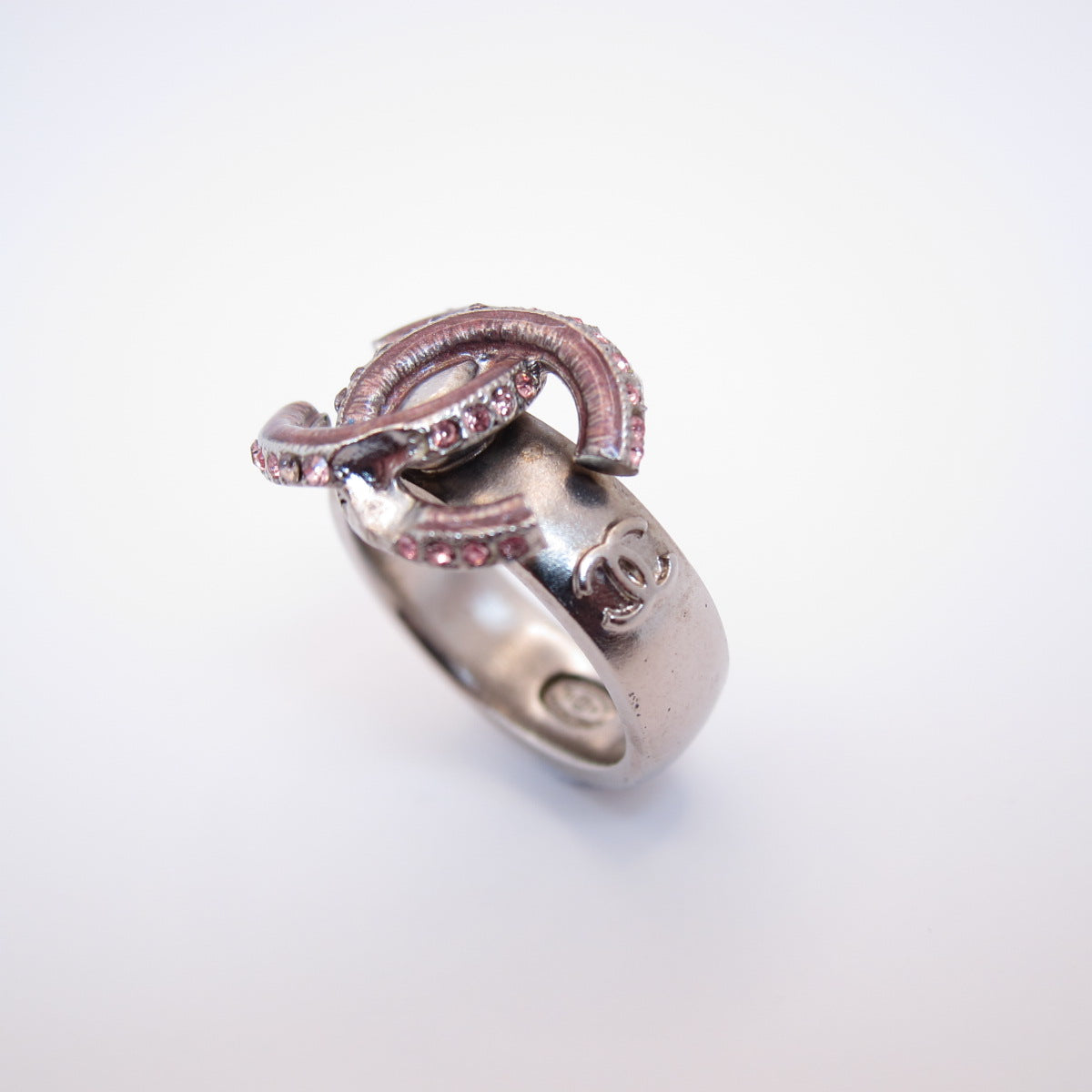 Chanel Vintage CC Logo Pink Rhinestone Silver Ring #12