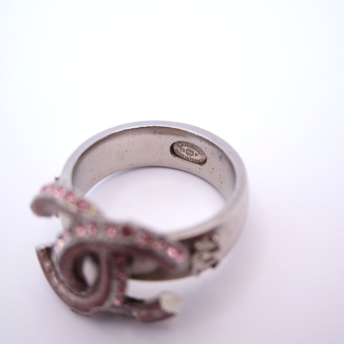 Chanel Vintage CC Logo Pink Rhinestone Silver Ring #12