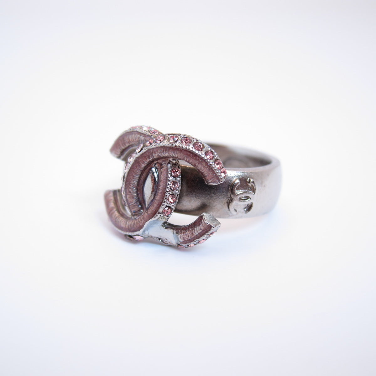 Chanel Vintage CC Logo Pink Rhinestone Silver Ring #12