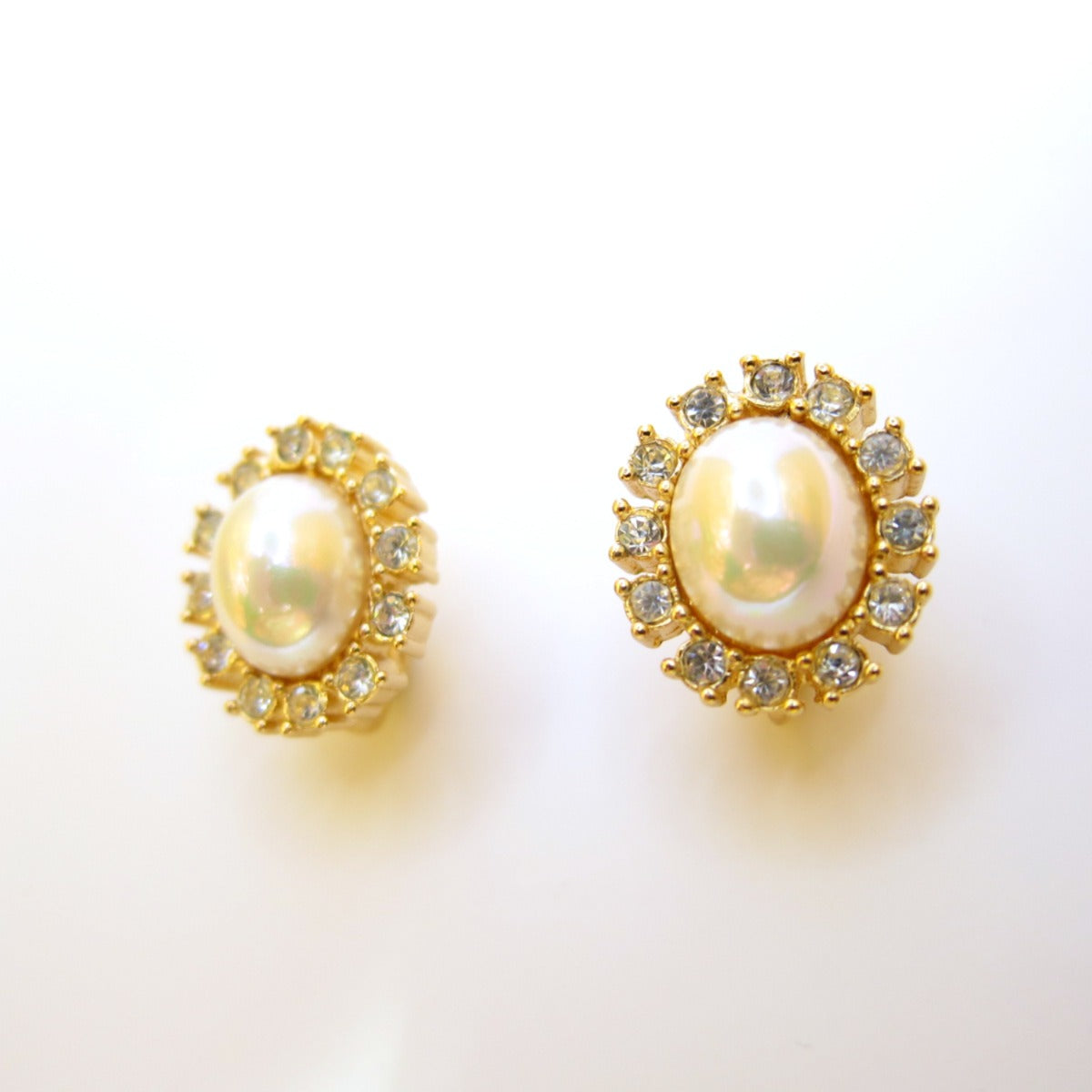 Christian Dior Vintage Oval Shape Pearl and Rhinestone Golden Clip-on Earrings
