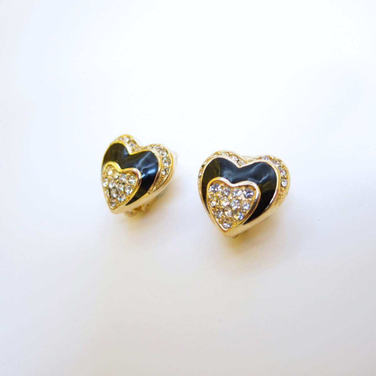 Christian Dior Vintage Heart Shape Black and Rhinestone Golden Clip-on Earrings