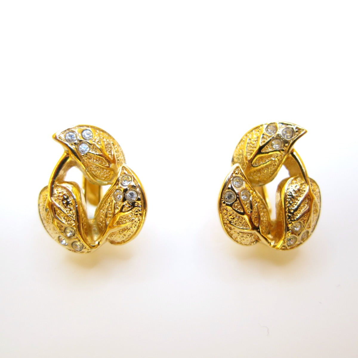Christian Dior Vintage Leaves and Rhinestone Golden Clip-on Earrings