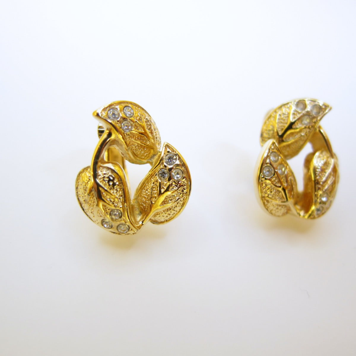 Christian Dior Vintage Leaves and Rhinestone Golden Clip-on Earrings