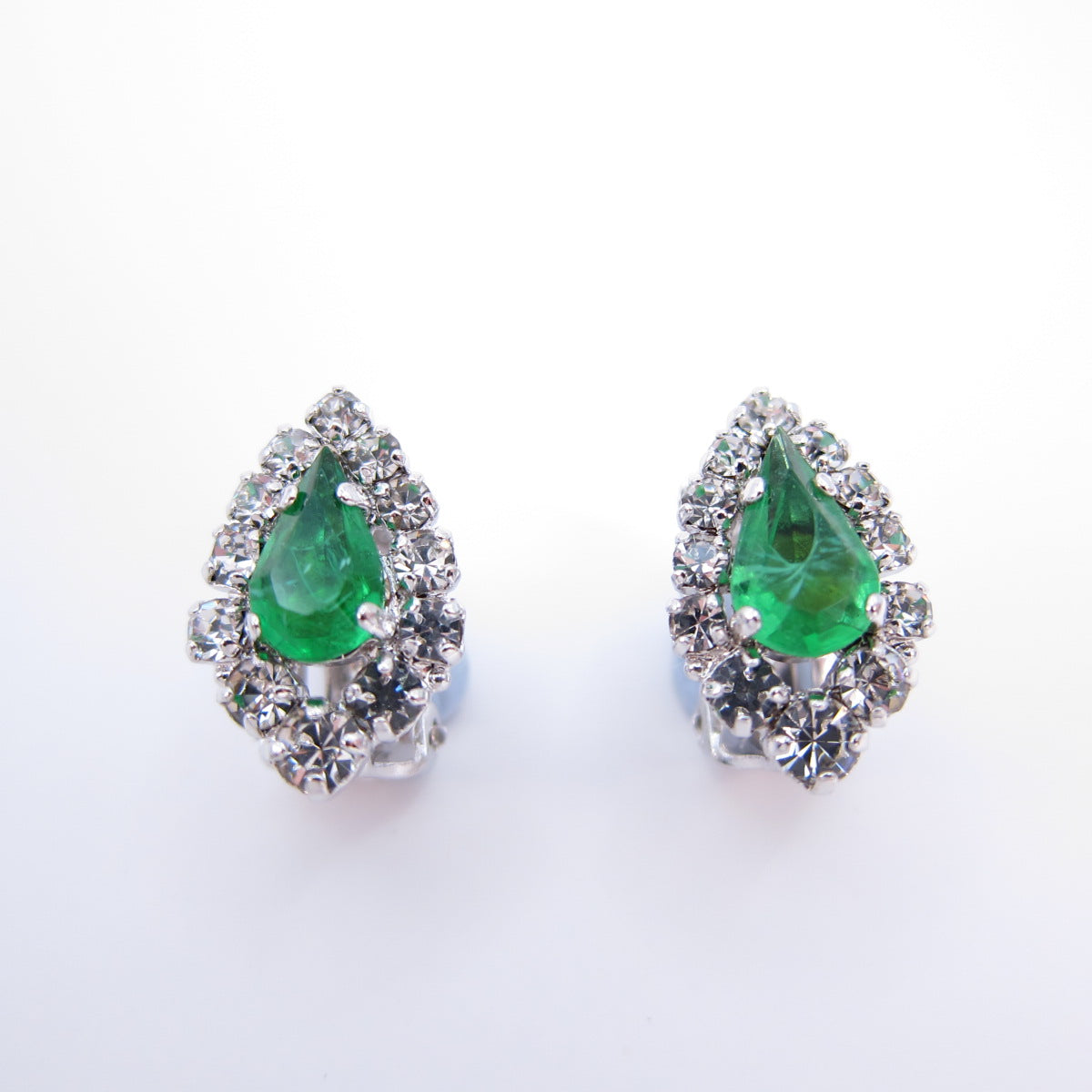 Christian Dior Vintage Drop Shape Green Stone and Rhinestone Silver Clip-on Earrings