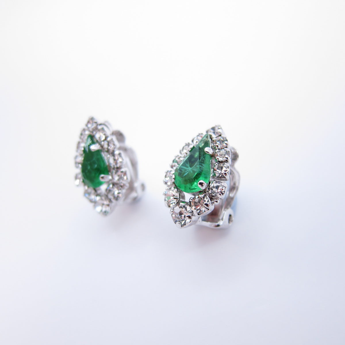 Christian Dior Vintage Drop Shape Green Stone and Rhinestone Silver Clip-on Earrings