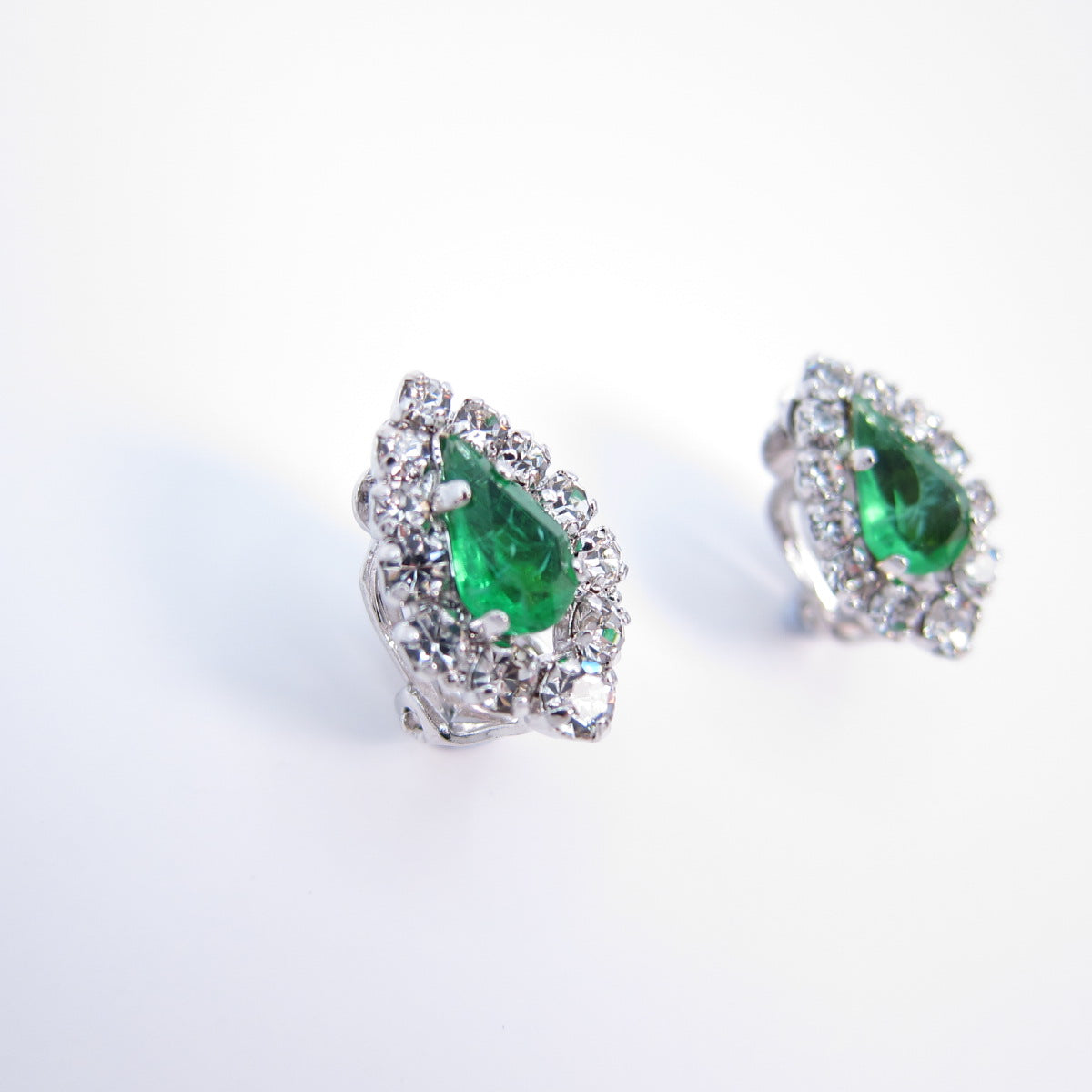 Christian Dior Vintage Drop Shape Green Stone and Rhinestone Silver Clip-on Earrings