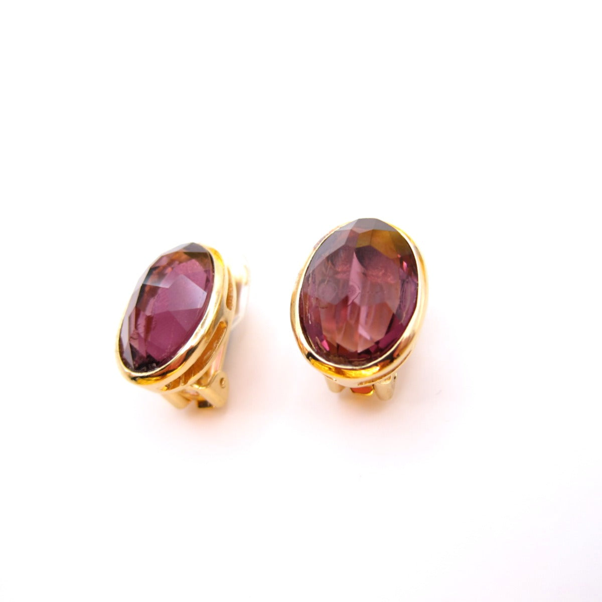 Christian Dior Vintage Oval Shape Plum Color Stone Golden Clip-on Earrings