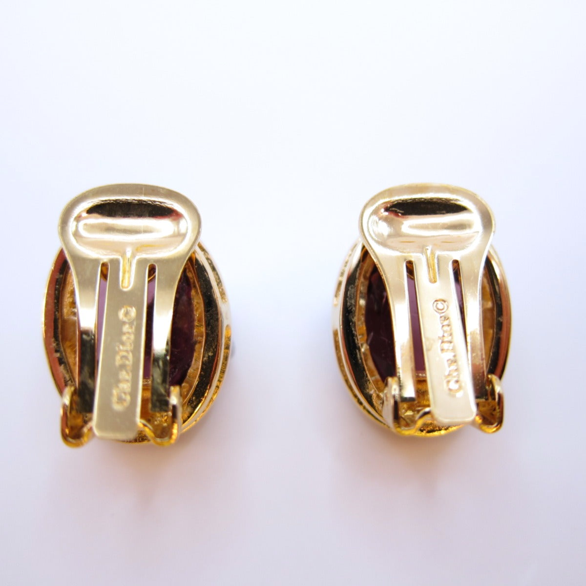 Christian Dior Vintage Oval Shape Plum Color Stone Golden Clip-on Earrings
