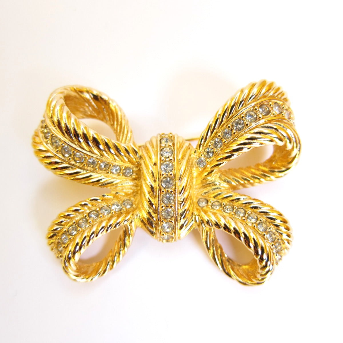 Christian Dior Vintage Ribbon Motif with Rhinestone Golden Brooch