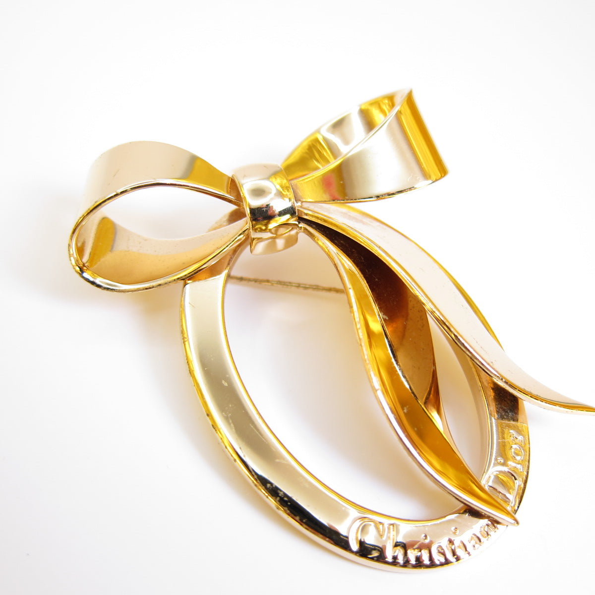 Christian Dior Vintage Ribbon Motif Golden Brooch