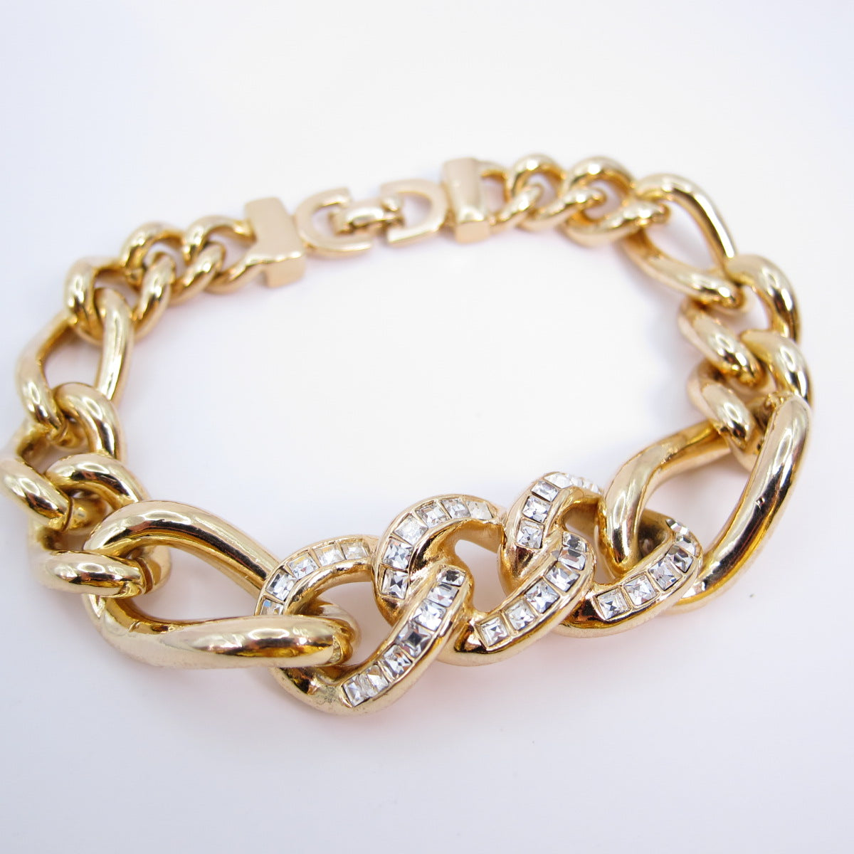 Christian Dior Vintage Chain Link with Rhinestone Golden Bracelet