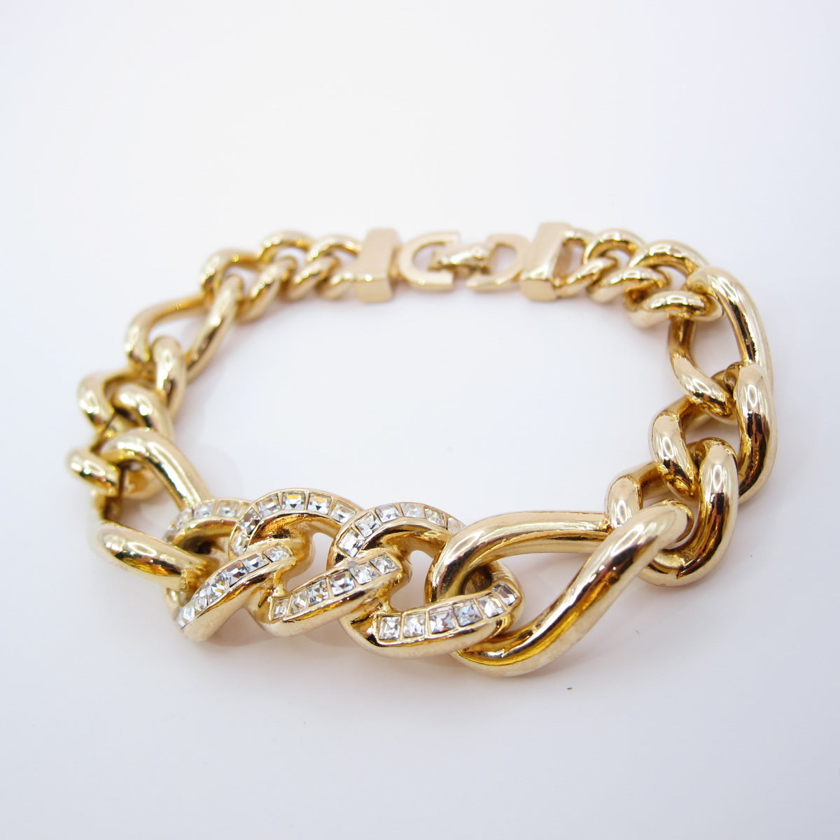 Christian Dior Vintage Chain Link with Rhinestone Golden Bracelet