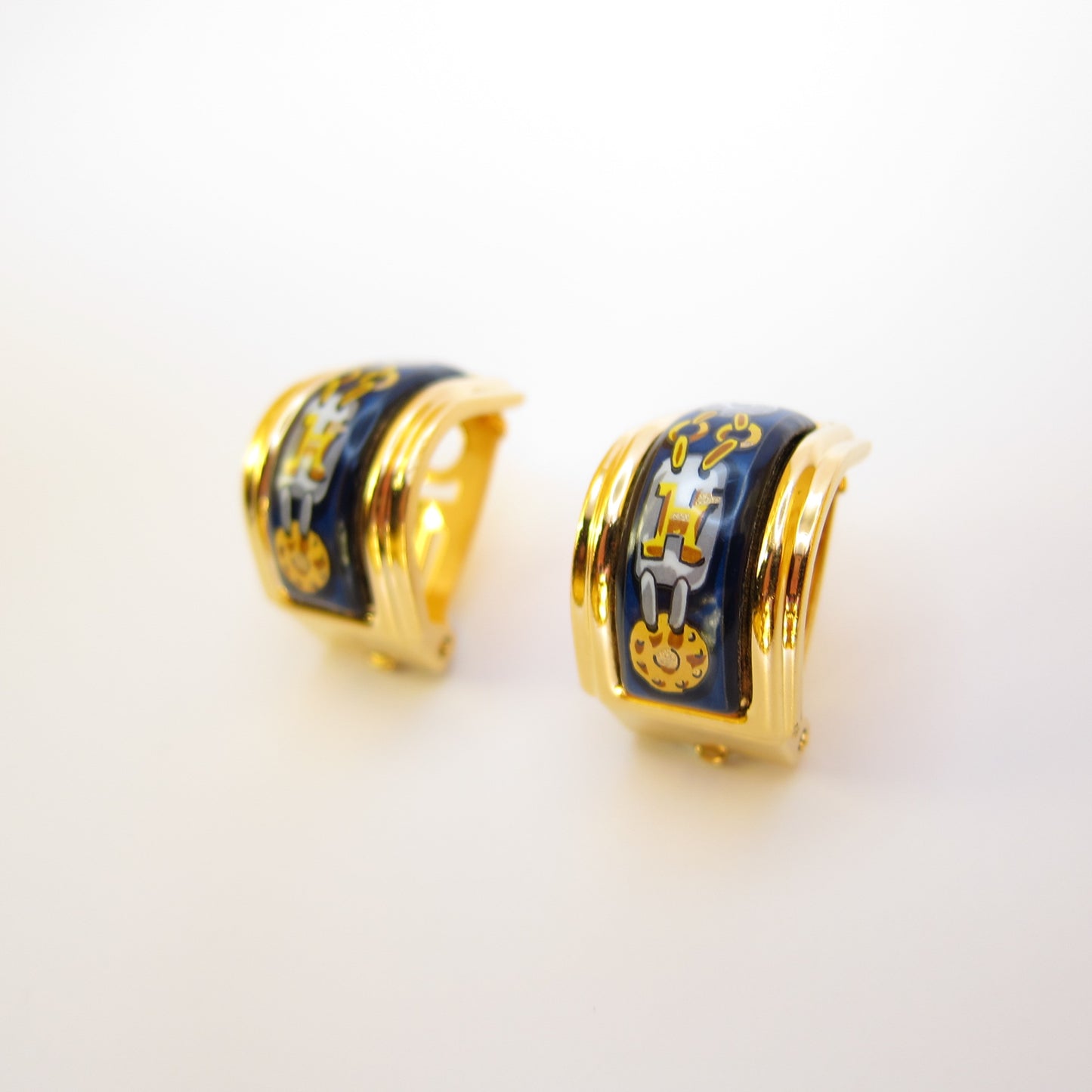 Hermes Vintage Blue Enamelled Golden Clip-on Earrings